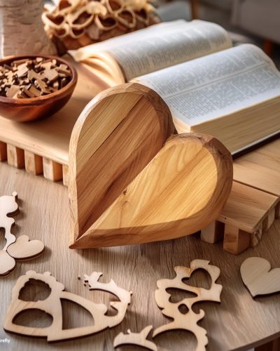 Firefly mesa con elementos de carpintería, que haya un corazón hecho de madera, y en la mesa, tambie